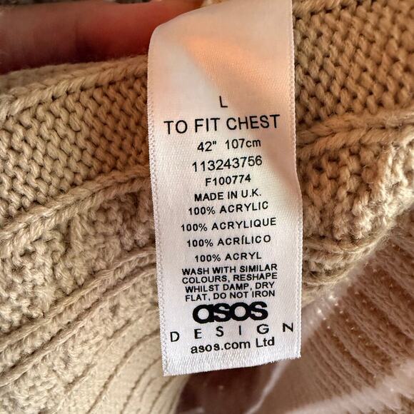 ASOS Cable Knit Oversized V-Neck Sweater Beige Large Preppy Chic Grandmacore - Picture 5 of 6